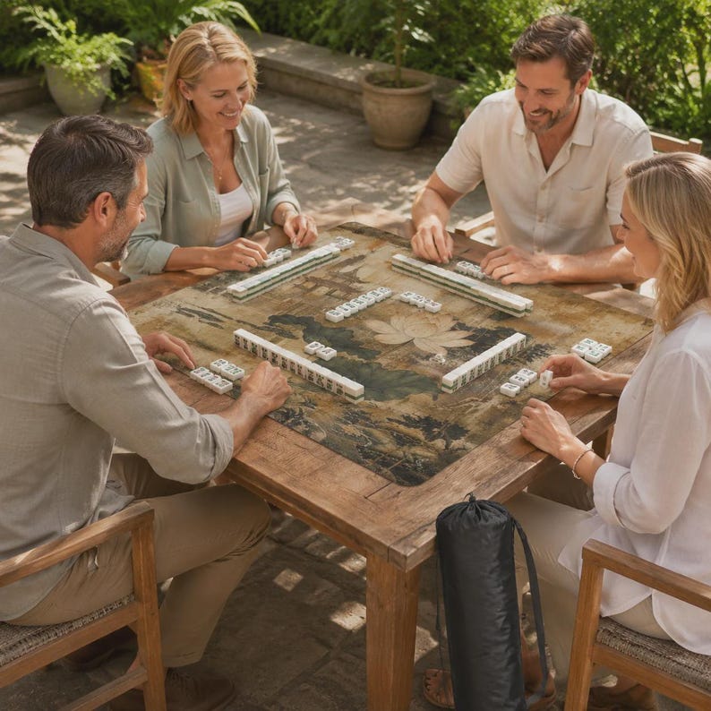 May include: A square mahjong table mat featuring a printed lotus flower and landscape design in muted earth tones. The mat is placed on a wooden table with white mahjong tiles arranged in rows. A black cylindrical carrying case sits nearby.