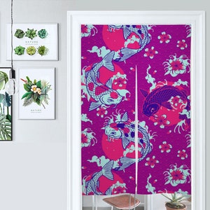 Front Door Hanging Banners 34&quot; x 56&quot; purple koi fish japanese noren curtain pink traditional japanese curtains, heavy japanese cotton fabric