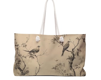 Beige chinoiserie birds weekender bag large mahjong bag mahjong gifts mahjong accessories mahjong storage mahjong tote bag travel mahj bag