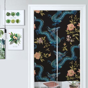 Front Door Hanging Banners 34&quot; x 56&quot; gold Chinese dragon japanese noren curtain, gold traditional japanese curtains, blue dragon, pink peony