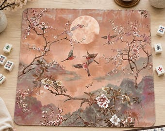 Mahjong Mat green chinoiserie mahjong accessories moon pink cherry blossom birds mahjong gift ideas mahjong table mat american mahjong set