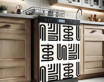 May include: A black dishwasher with a white and black geometric pattern on the front. The pattern features abstract shapes and lines.
