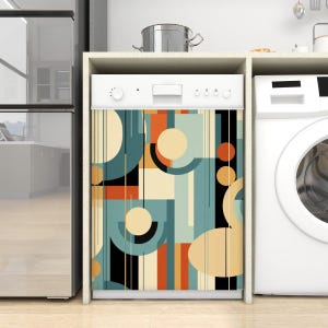 Puede incluir: Un lavavajillas blanco con un patr&oacute;n geom&eacute;trico colorido en la parte delantera. El patr&oacute;n presenta c&iacute;rculos, cuadrados y rayas en tonos de azul, naranja, amarillo y negro.