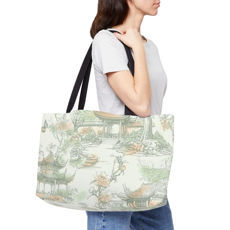 Green chinoiserie lotus weekender bag large mahjong bag mahjong storage mahjong tote bag travel mahj bag pagodas, butterflies asian garden image 8