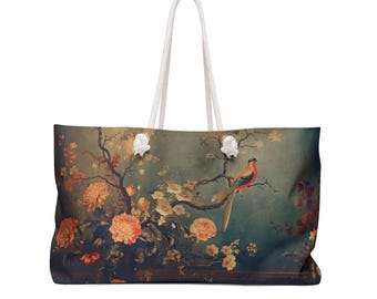 Dark moody chinoiserie weekender bag large mahjong bag dark academia mahjong accessories vintage floral bird peony mahjong tote bag mahj bag