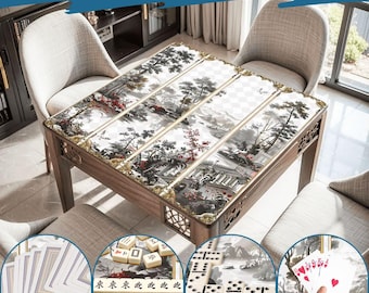 Mahjong Mat chinoiserie print tablecloth play mat mahjong table mat gold black and white chinoiserie lake landscape mahjong table cover game