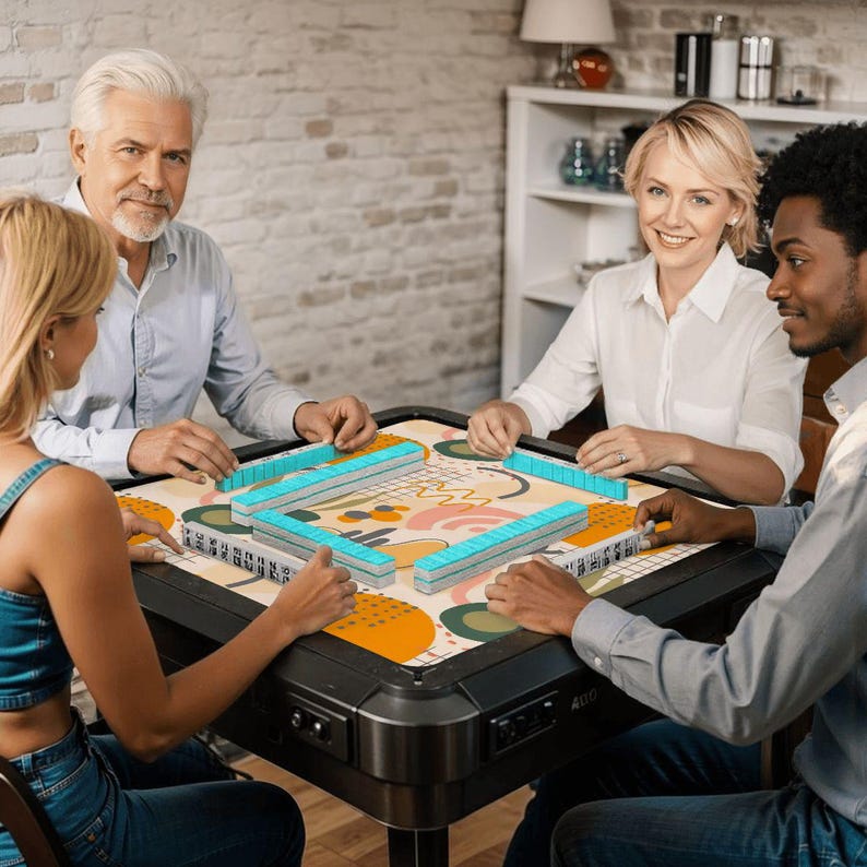 Puede incluir: Cuatro personas jugando al mahjong alrededor de una mesa negra. La mesa tiene una superficie estampada con formas naranjas, rosas y verdes. Las fichas de mahjong son de color azul claro. Los jugadores sonr&iacute;en y est&aacute;n concentrados.