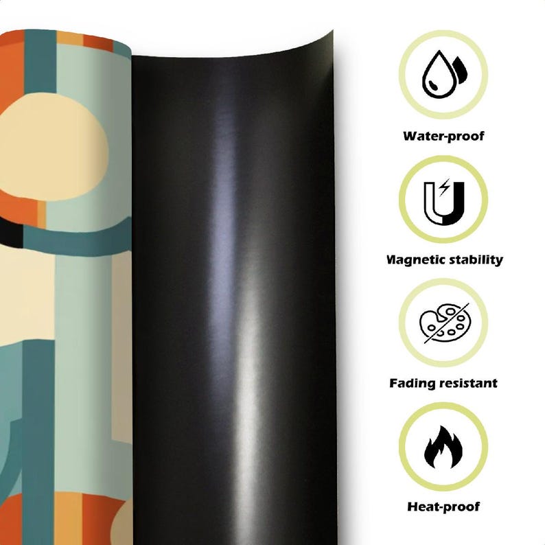 Puede incluir: Una l&aacute;mina magn&eacute;tica negra con un patr&oacute;n geom&eacute;trico colorido en el lado izquierdo. La l&aacute;mina es impermeable, resistente al calor, a la decoloraci&oacute;n y tiene estabilidad magn&eacute;tica.