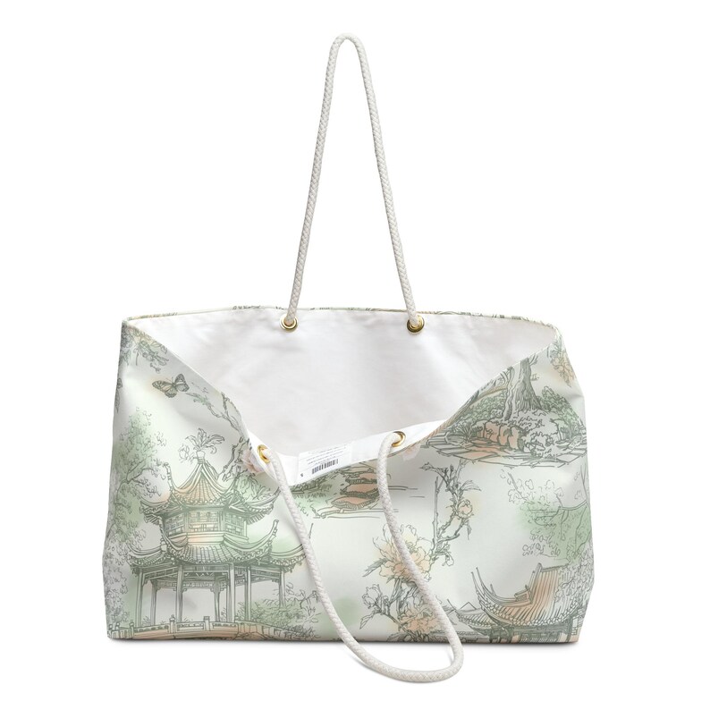 Green chinoiserie lotus weekender bag large mahjong bag mahjong storage mahjong tote bag travel mahj bag pagodas, butterflies asian garden Rope Handles