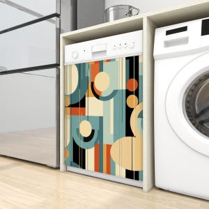 Puede incluir: Un lavavajillas blanco con un patr&oacute;n geom&eacute;trico colorido en la parte delantera. El patr&oacute;n presenta c&iacute;rculos, cuadrados y rayas en tonos de azul, naranja, amarillo y negro.