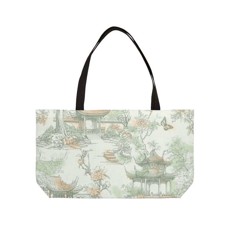 Green chinoiserie lotus weekender bag large mahjong bag mahjong storage mahjong tote bag travel mahj bag pagodas, butterflies asian garden image 7