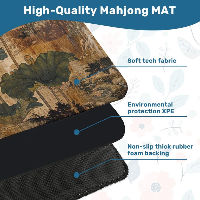 K&ouml;nnte beinhalten: Eine hochwertige Mahjong-Matte mit detailliertem Blumendesign in Braun- und Gr&uuml;nt&ouml;nen. Die Matte verf&uuml;gt &uuml;ber ein weiches Tech-Gewebe, Umweltschutz XPE und eine rutschfeste, dicke Schaumstoffr&uuml;cken. Der Text "High-Quality Mahjong MAT" befindet sich oben.