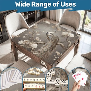May include: A wooden game table featuring a peacock design on the tabletop. The table is surrounded by chairs and displays playing cards, dominoes, and mahjong tiles. The text "Wide Range of Uses" is at the top, suggesting versatility for different games.