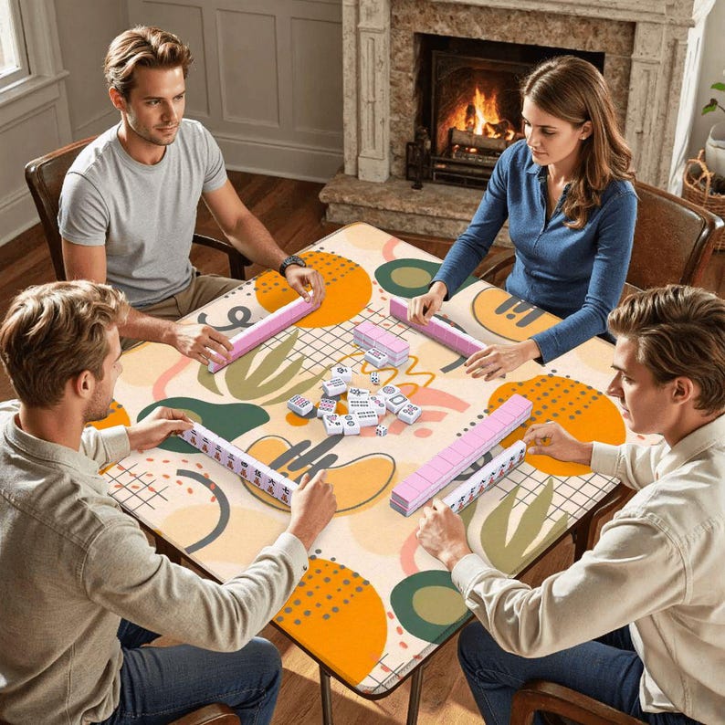 Puede incluir: Una mesa de juego cuadrada con un dise&ntilde;o abstracto colorido est&aacute; rodeada por cuatro personas jugando. La mesa presenta formas naranjas, verdes y beige. Se ven piezas de juego rosas, junto con fichas y dados blancos.