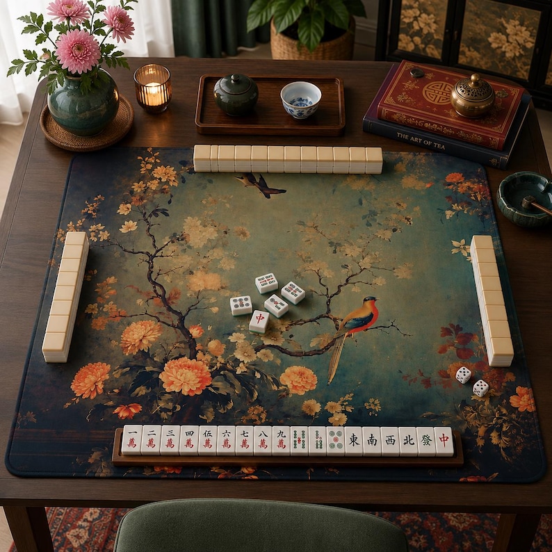 Mahjong Mat green chinoiserie mahjong accessories birds mahjong gift ideas mahjong table mat american mahjong set square mahjong table cloth image 3