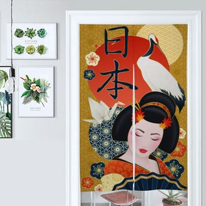 Front Door Hanging Banners 34&quot; x 56&quot;, red noren, gold japanese noren curtain, geisha traditional japanese curtains, flowers, crane, kanji