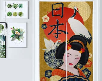 Front Door Hanging Banners 34" x 56", red noren, gold japanese noren curtain, geisha traditional japanese curtains, flowers, crane, kanji