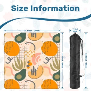 Puede incluir: Una esterilla de yoga con un dise&ntilde;o abstracto con c&iacute;rculos naranjas, formas de aguacate y otros elementos coloridos. La esterilla mide 80 cm cuadrados y viene con una bolsa de transporte negra, de 18 cm de di&aacute;metro y 85 cm de largo. El texto "Size Information" est&aacute; en la parte superior.