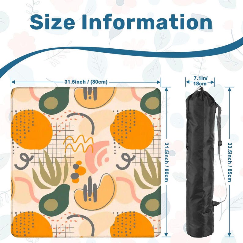 Puede incluir: Una esterilla de yoga con un dise&ntilde;o abstracto con c&iacute;rculos naranjas, formas de aguacate y otros elementos coloridos. La esterilla mide 80 cm cuadrados y viene con una bolsa de transporte negra, de 18 cm de di&aacute;metro y 85 cm de largo. El texto "Size Information" est&aacute; en la parte superior.