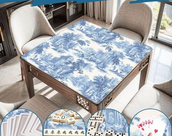 May include: A wooden game table with a blue and white landscape design on the tabletop. The table is surrounded by chairs. The image includes close-ups of playing cards, mahjong tiles, and dominoes, suggesting a wide range of uses. The text "Wide Range of Uses" is at the top.