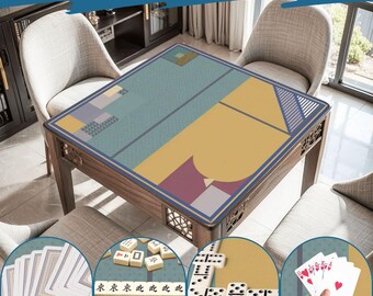 May include: A wooden square table with a patterned top, showcasing various games like cards, dominoes, and mahjong. The table's surface features geometric designs in teal, yellow, and purple, with the text "Wide Range of Uses" at the top.