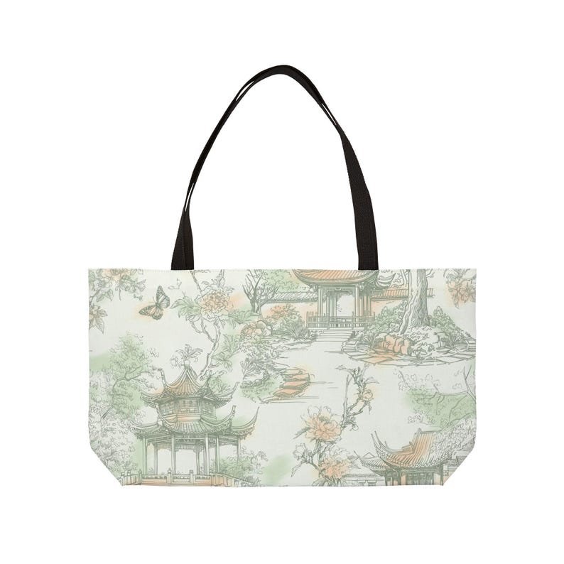 Green chinoiserie lotus weekender bag large mahjong bag mahjong storage mahjong tote bag travel mahj bag pagodas, butterflies asian garden image 6