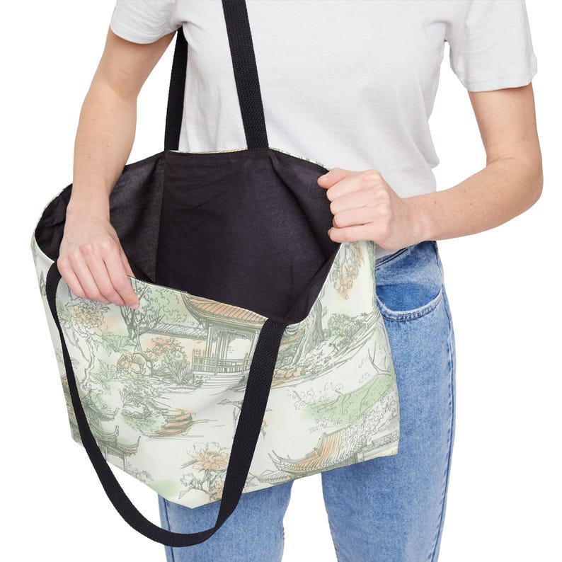 Green chinoiserie lotus weekender bag large mahjong bag mahjong storage mahjong tote bag travel mahj bag pagodas, butterflies asian garden Black Woven Handles