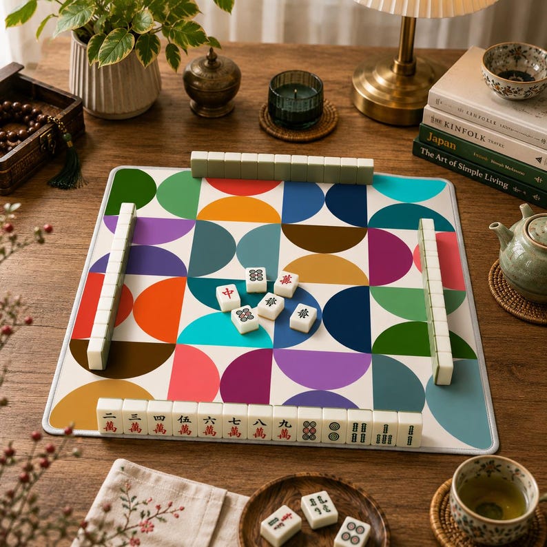 Pu&ograve; includere: Un tappetino da mahjong quadrato con un colorato motivo geometrico di semicerchi nelle tonalit&agrave; del verde, arancione, blu, viola e rosa. Il tappetino include diverse tessere bianche da mahjong con segni neri e rossi sulla superficie.
