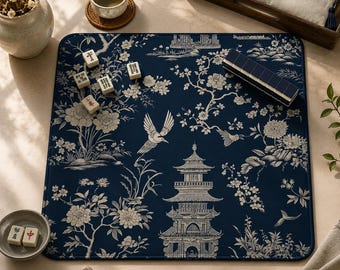 Mahjong Mat chinoiserie lotus asian pagoda mahjong accessories birds mahjong gift ideas mahjong table mat american mahjong set blue mah jong