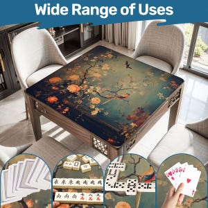 May include: Wooden game table with a floral and bird design. The table has a dark wood finish and a square top. The image shows the table being used for various games, including cards, mahjong, and dominoes. Text at the top reads "Wide Range of Uses."