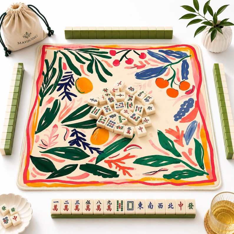 May include: A Mahjong game set featuring a square play mat with a cream background and colorful botanical illustrations. The set includes white tiles with red, green, and blue symbols, a beige drawstring storage bag, and green tile racks.