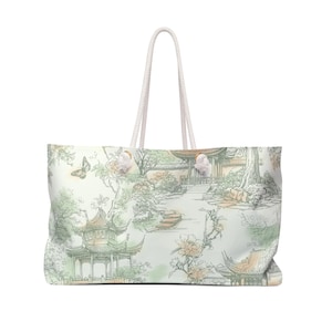 Green chinoiserie lotus weekender bag large mahjong bag mahjong storage mahjong tote bag travel mahj bag pagodas, butterflies asian garden image 1