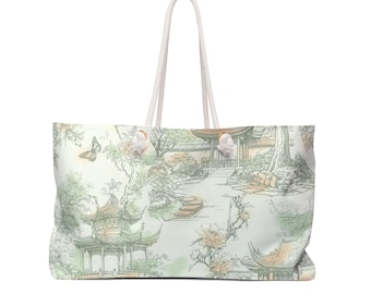 Green chinoiserie lotus weekender bag large mahjong bag mahjong storage mahjong tote bag travel mahj bag pagodas, butterflies asian garden