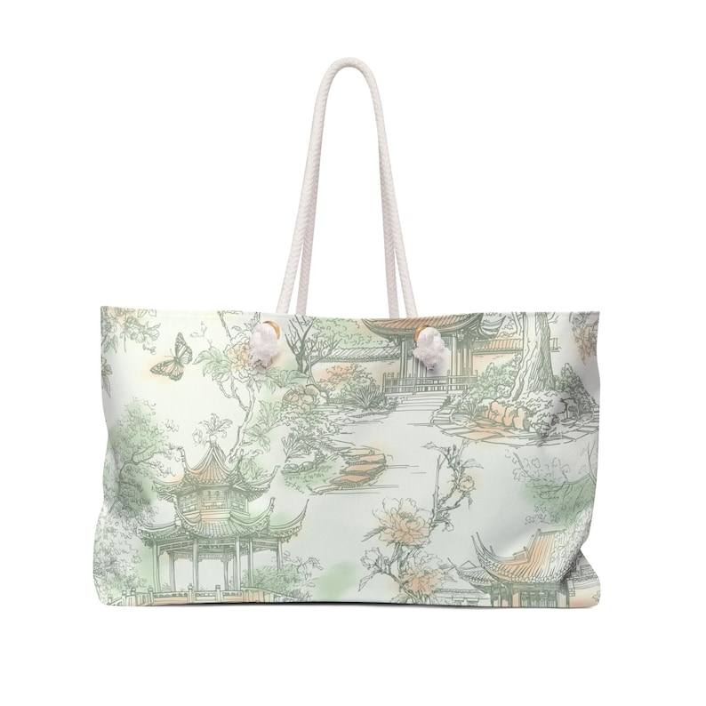 Green chinoiserie lotus weekender bag large mahjong bag mahjong storage mahjong tote bag travel mahj bag pagodas, butterflies asian garden image 1