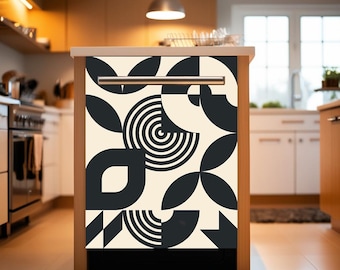 May include: A white dishwasher with a black and white geometric pattern. The pattern features circles, squares, and other abstract shapes.