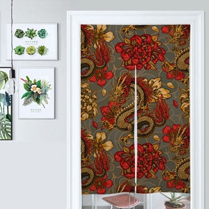 Front Door Hanging Banners 34&quot; x 56&quot; red noren Chinese dragon japanese noren curtain, gold traditional japanese curtains peony flower flames