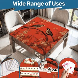 May include: Wooden square table with a red top featuring a bird and floral design. The table is surrounded by chairs and has a decorative carved edge. The image includes the text "Wide Range of Uses" and examples of games.