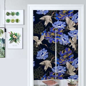 Front Door Hanging Banners 34&quot; x 56&quot;, japanese noren curtain, traditional japanese curtains, heavy japanese cotton fabric, cranes,blue peony