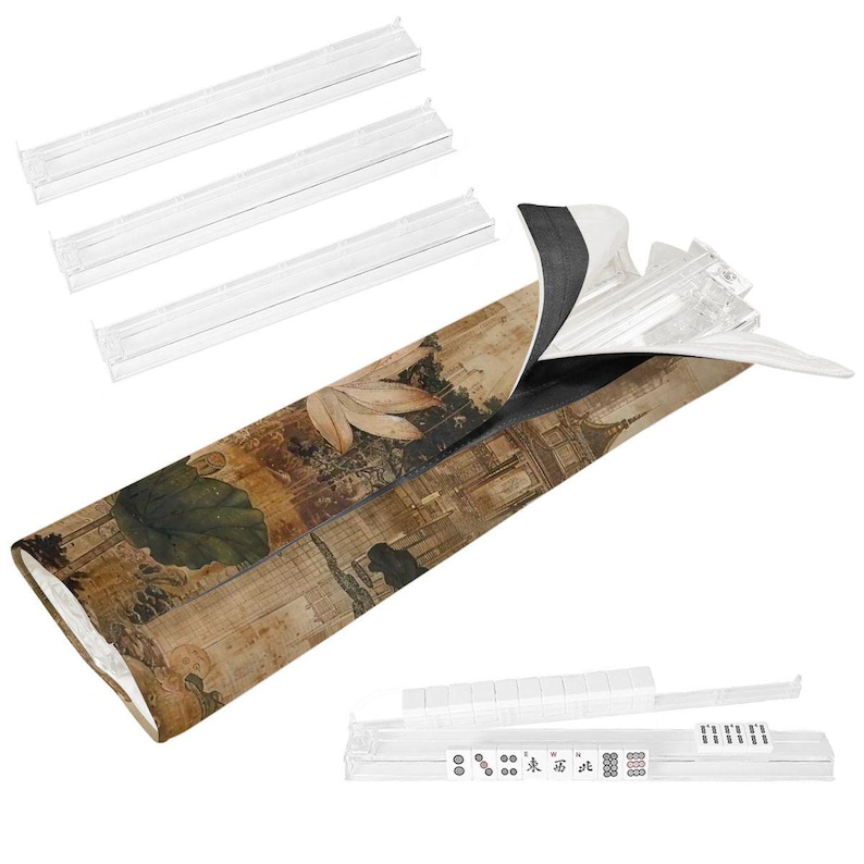 Mahjongmatte Chinoiserien Lotus asiatischer Pagodengarten mahjong linienfinder mahjong kartenhülle mahjong tasche mahjong zubehör 4 Mahjong Racks