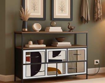 Cómoda de TV MCM de 5 cajones en color nude negro, consola industrial, mueble consola para TV, mueble de sala de estar, mueble de almacenamiento marrón