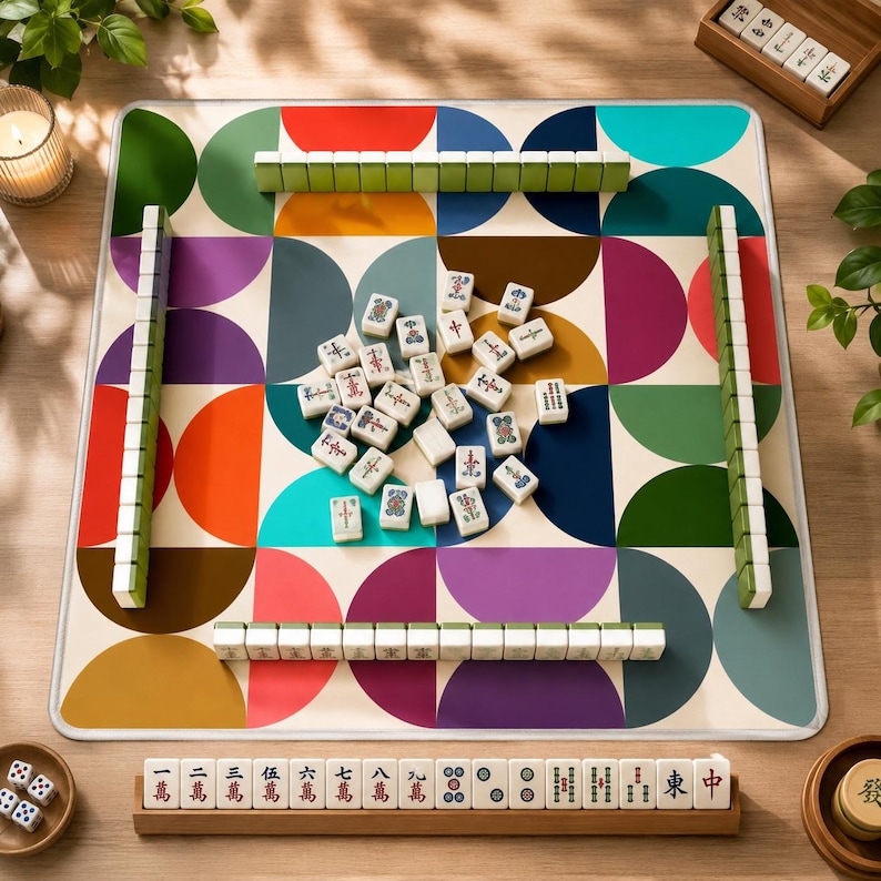 Pu&ograve; includere: Un tappetino da mahjong quadrato con un colorato motivo geometrico di semicerchi rossi, arancioni, gialli, verdi, blu e viola. Il tappetino presenta file di tessere verdi sui bordi e un gruppo centrale di tessere bianche con vari simboli.