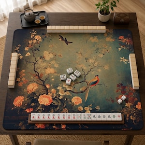 Mahjong-Matte, grün, Chinoiserie, Mahjong-Zubehör, Vögel, Mahjong-Geschenkideen, Mahjong-Tischset, amerikanisches Mahjong-Set, quadratische Mahjong-Tischdecke