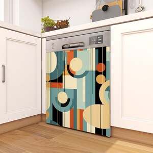 Puede incluir: Un lavavajillas con un dise&ntilde;o geom&eacute;trico colorido que presenta c&iacute;rculos, cuadrados y l&iacute;neas en tonos de azul, naranja, amarillo y negro.