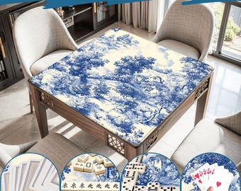 May include: A wooden table with a blue and white landscape design, surrounded by chairs. The table is shown with playing cards, dominoes, and mahjong tiles, with the text "Wide Range of Uses".