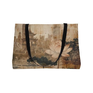 May include: Tote bag featuring an Asian-inspired design with a large lotus flower, a pagoda, and a cityscape in the background. The bag has black straps and a beige background with a vintage aesthetic.