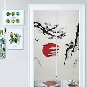 Front Door Hanging Banners 34&quot; x 56&quot; red noren, japanese noren curtain, traditional japanese curtains, cranes peony, mount fuji, sakura tree
