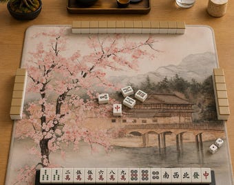 Mahjong Mat chinoiserie mahjong accessories mahjong gift ideas watercolor pink cherry blossom sakura american mahjong set pagoda mah jong