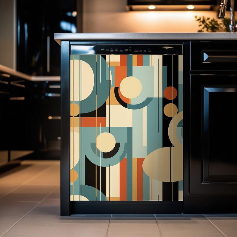 Puede incluir: Una puerta de lavavajillas con un dise&ntilde;o geom&eacute;trico que presenta c&iacute;rculos, cuadrados y rect&aacute;ngulos en tonos de azul, amarillo, naranja y negro.