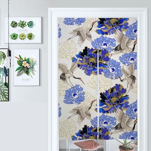 Front Door Hanging Banners 34&quot; x 56&quot;, japanese noren curtain, traditional japanese curtains, heavy japanese cotton fabric, cranes,blue peony