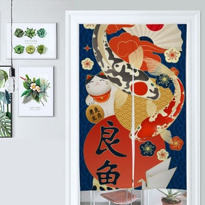 Front Door Hanging Banners 34&quot; x 56&quot; goldfish koi fish japanese noren curtain red traditional japanese curtains, maneki neko cat, kanji